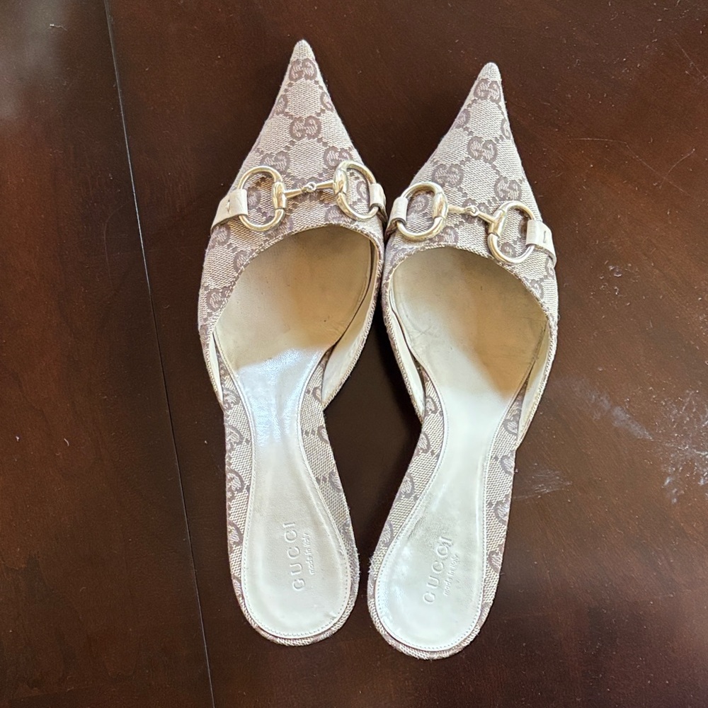 Gucci Women's Monogram Beige Mules